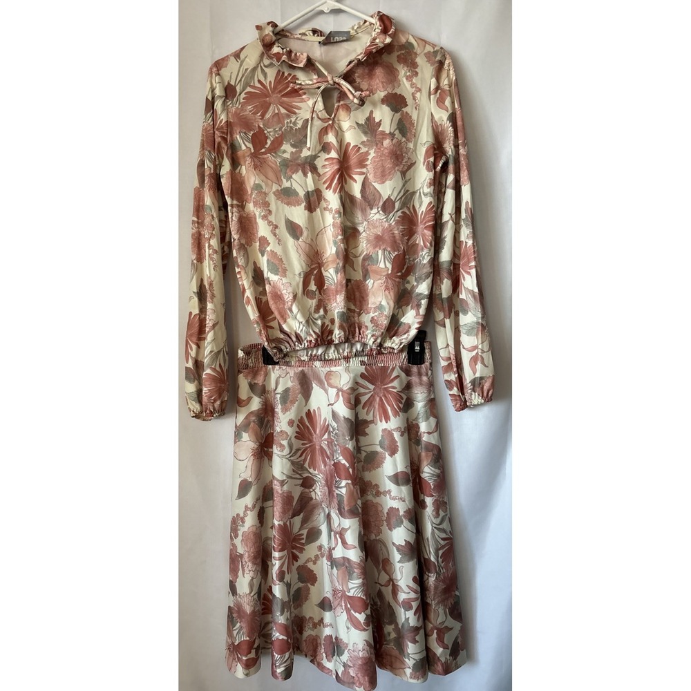 Vtg 70's RRRRuss Tog Blouse & Matching Midi Skirt Floral Poly Jersey Keyhole